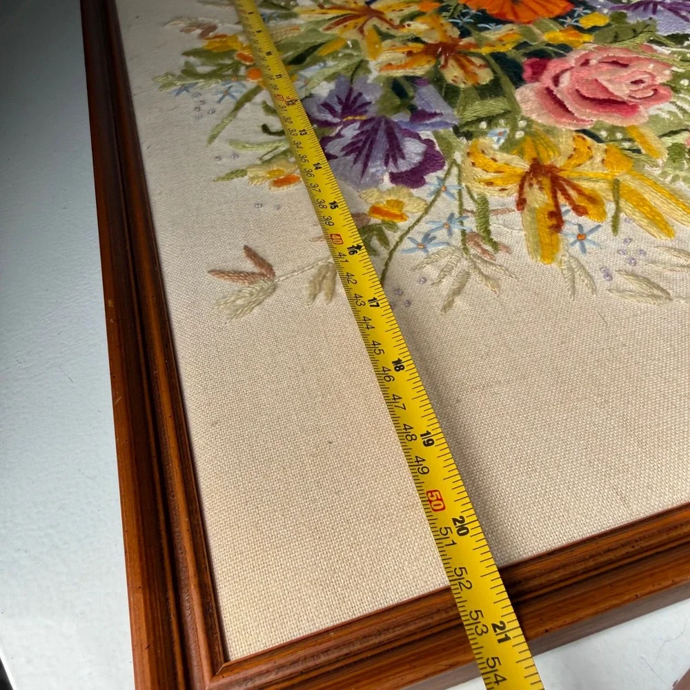 VTG Handmade Crewel Embroidery Floral Bouquet Pure Cocoa Tin Framed Art 21x17